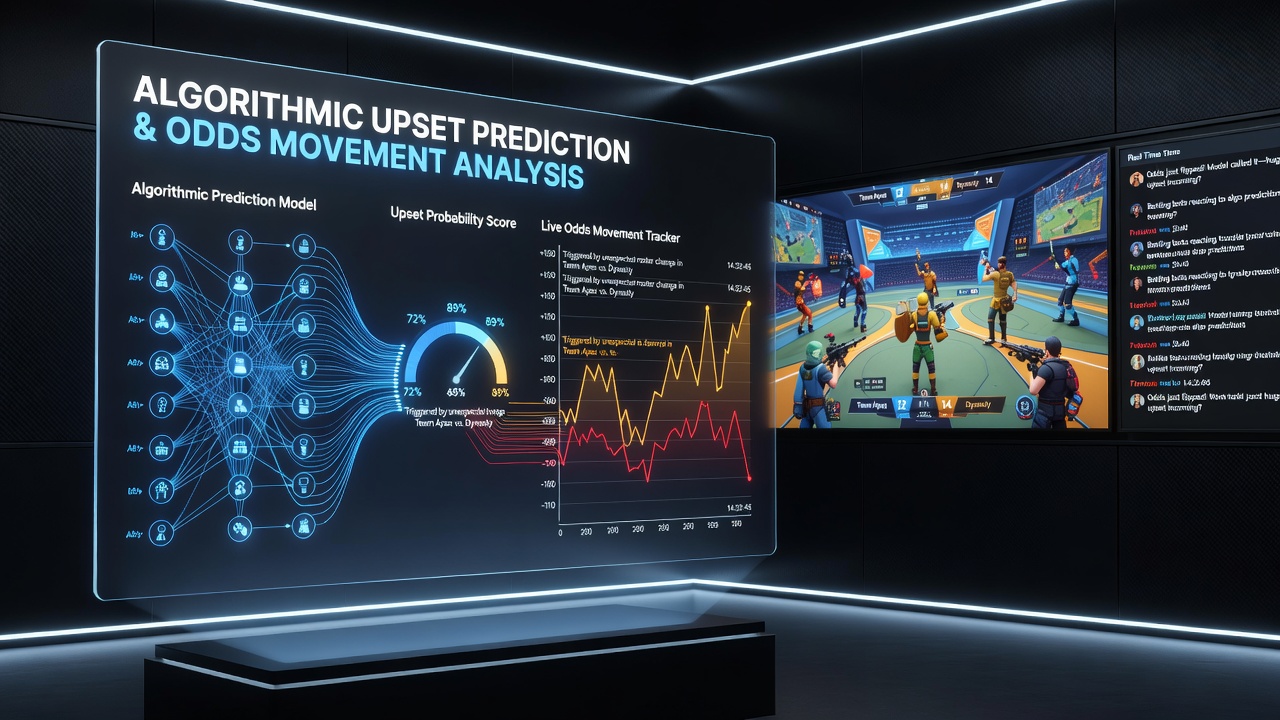 Live odds display boards updating in real time during an esports league match influenced by algorithmic upset predictions