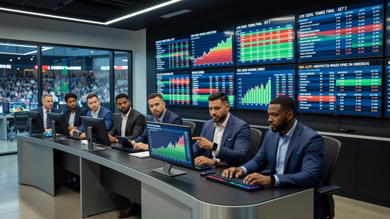 Bookmaker analysts monitoring live betting dashboards during a high-volume sports event