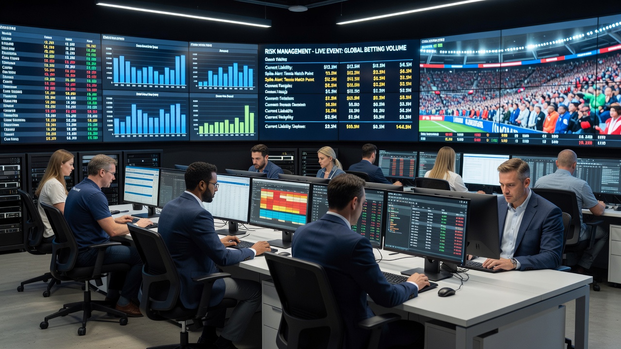 Risk management team reviewing liability reports in a control room during live sports action