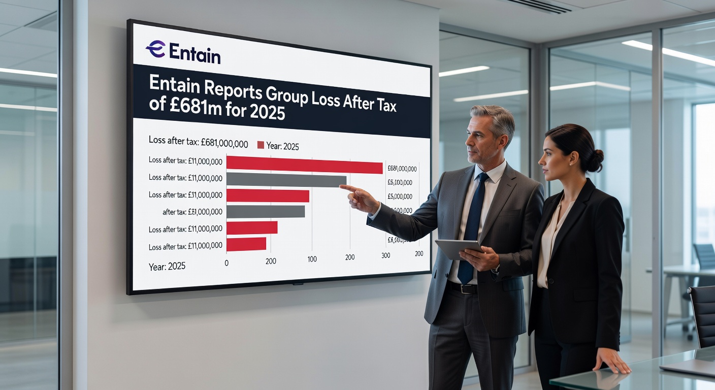 Entain executives at a press conference discussing 2025 results, with charts on revenue growth from BetMGM