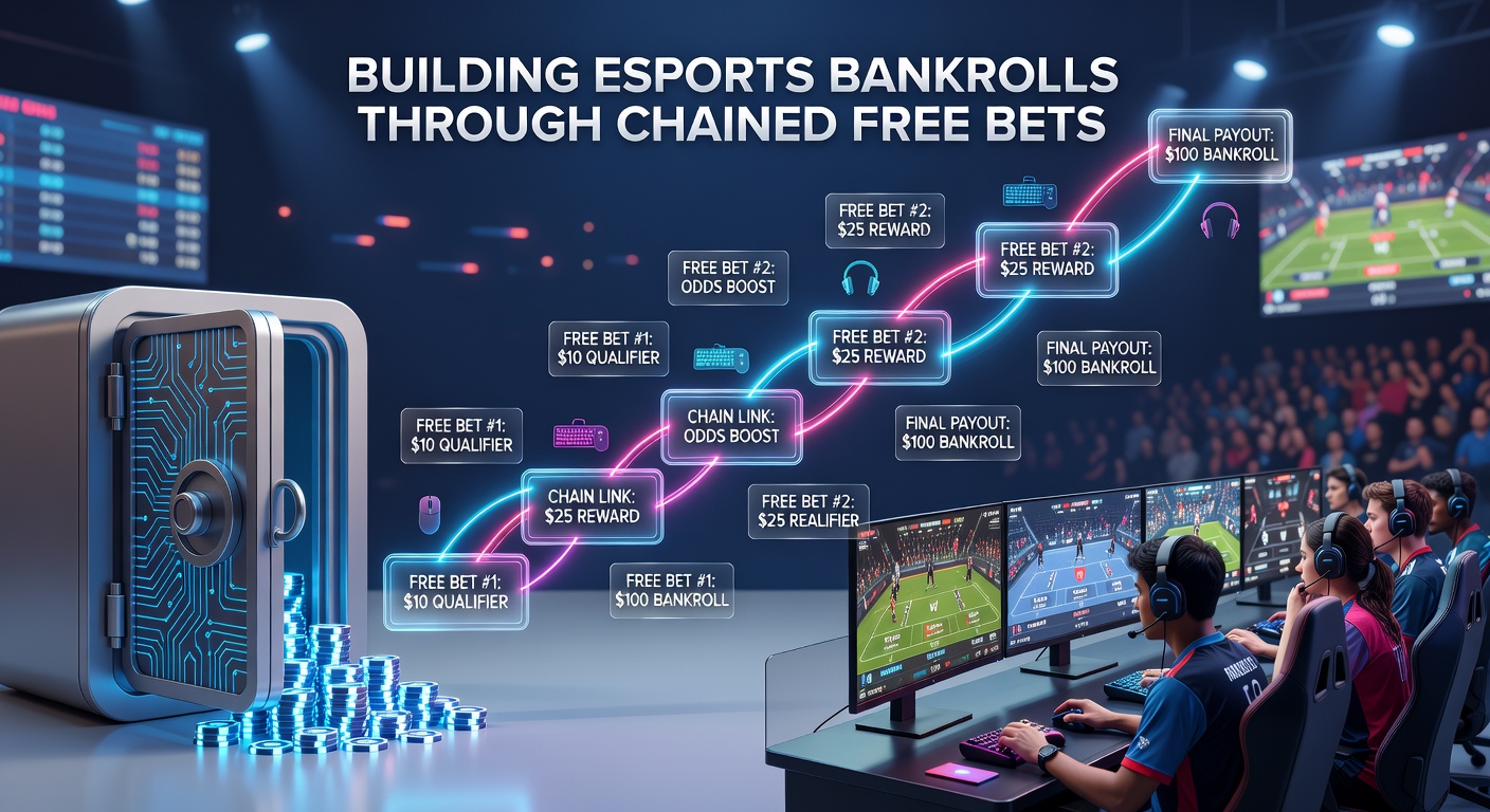 Close-up of a bettor's screen showing chained free bet trackers during a League of Legends pro match, with odds fluctuating and bankroll graph rising steadily