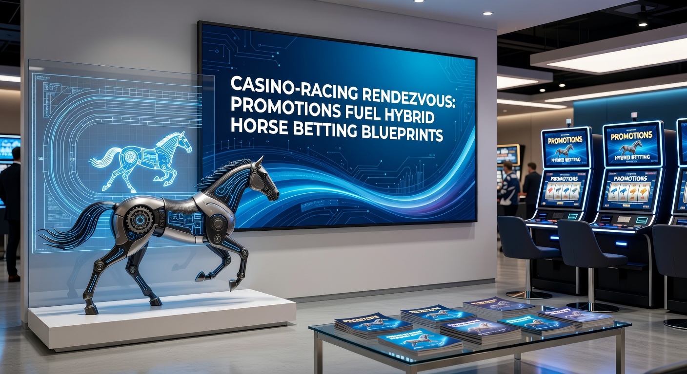 A bustling casino floor seamlessly blending with a lively horse racing track, highlighting the hybrid entertainment vibe