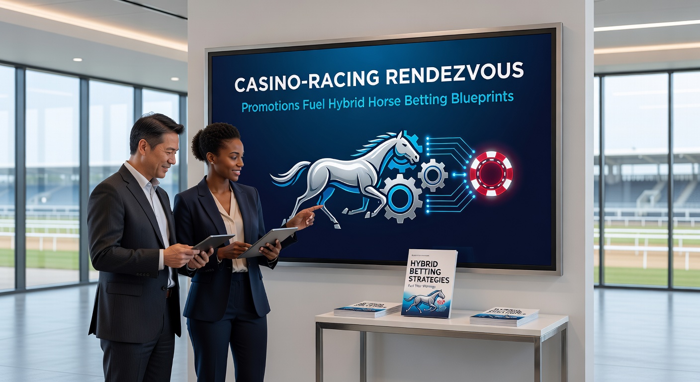 Dynamic promotional display showcasing hybrid betting offers, with casino chips and horse racing tickets intertwined