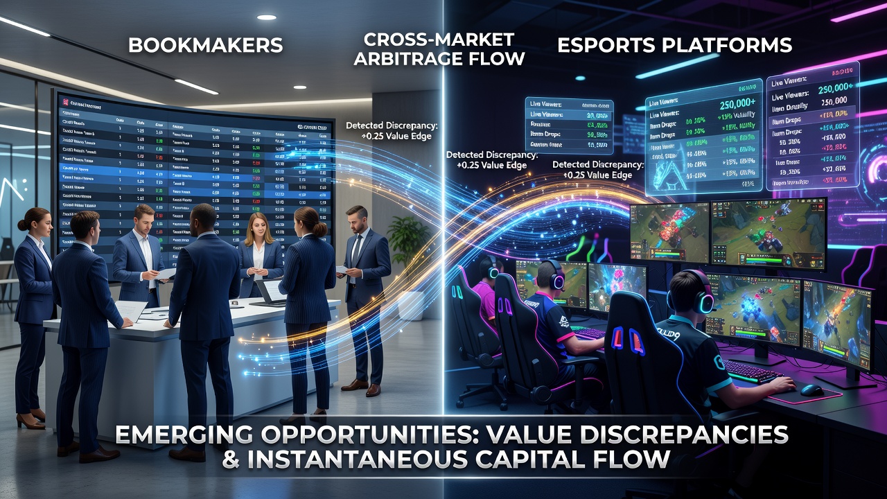Split screen showing live odds comparison between bookmaker and esports platform during a tournament match