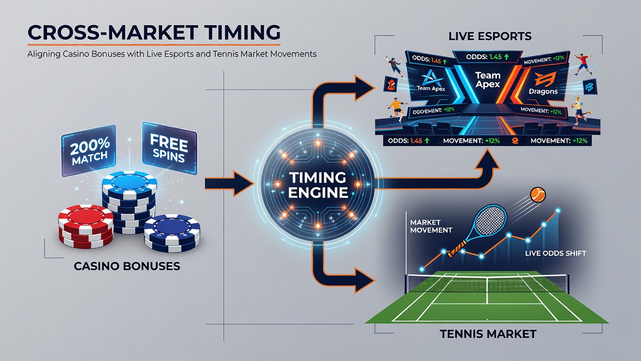 Tennis player serving on a professional court with digital overlays showing live odds and casino bonus notifications on a mobile screen