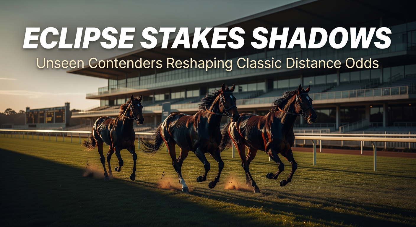 A field of thoroughbreds charging down Sandown's straight in the Eclipse Stakes, with shadows of lesser-known runners gaining ground amid the favorites