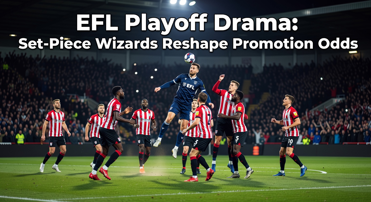 EFL playoff intensity unfolds with a dramatic set-piece corner leading to a crucial goal, fans erupting in the stands