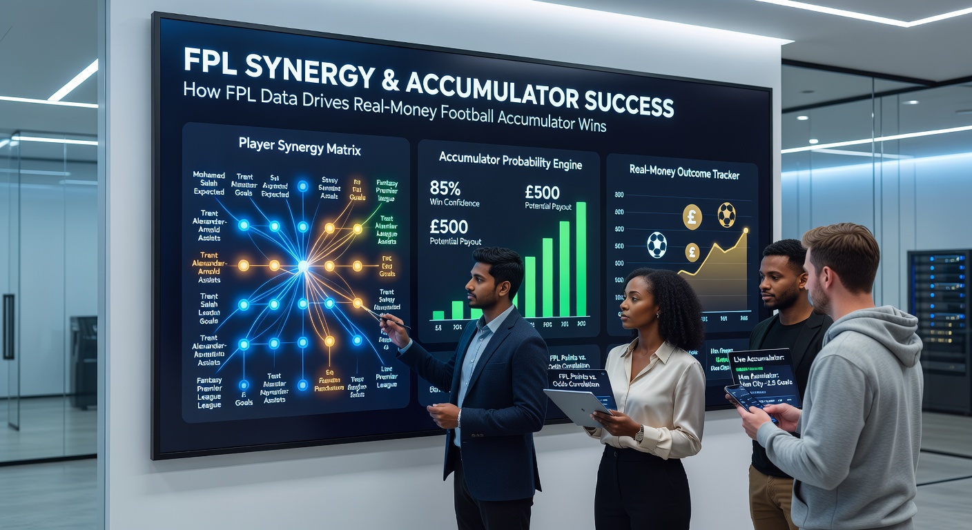 Close-up of a bettor analyzing FPL player heat maps and accumulator odds on dual screens during a live Premier League match in April 2026, with graphs showing xG correlations