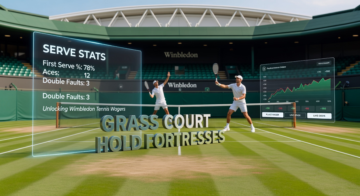 A tennis player serving powerfully on a lush green grass court at Wimbledon, with the ball skimming low over the net