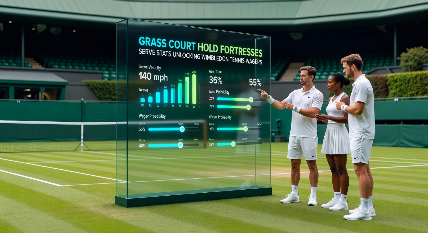 Close-up of a Wimbledon scoreboard displaying high hold percentages and low break stats during a tense match