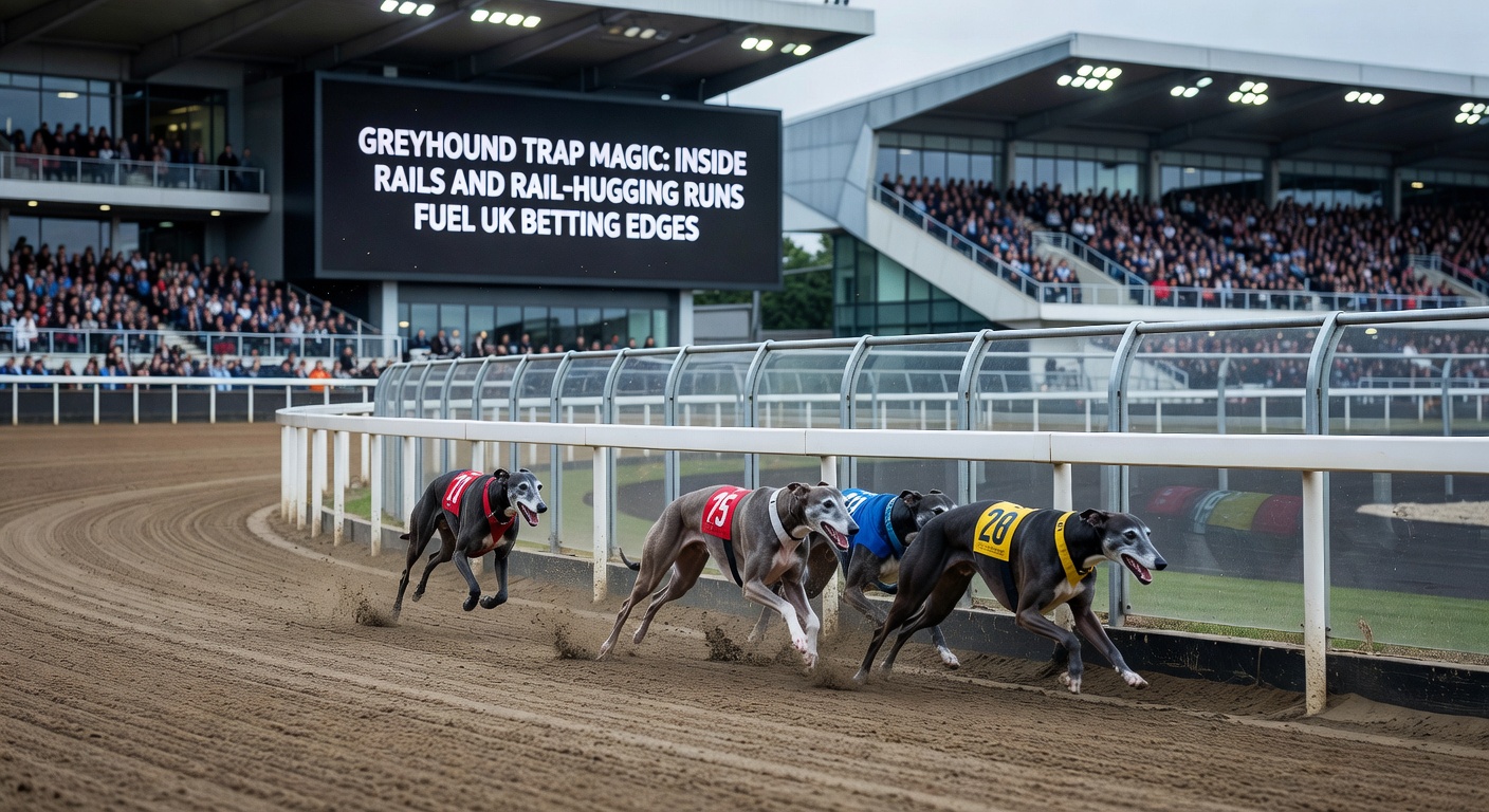 Greyhound bursting from trap one along the inside rail during a high-stakes UK race, showcasing the tight line that often leads to early leads