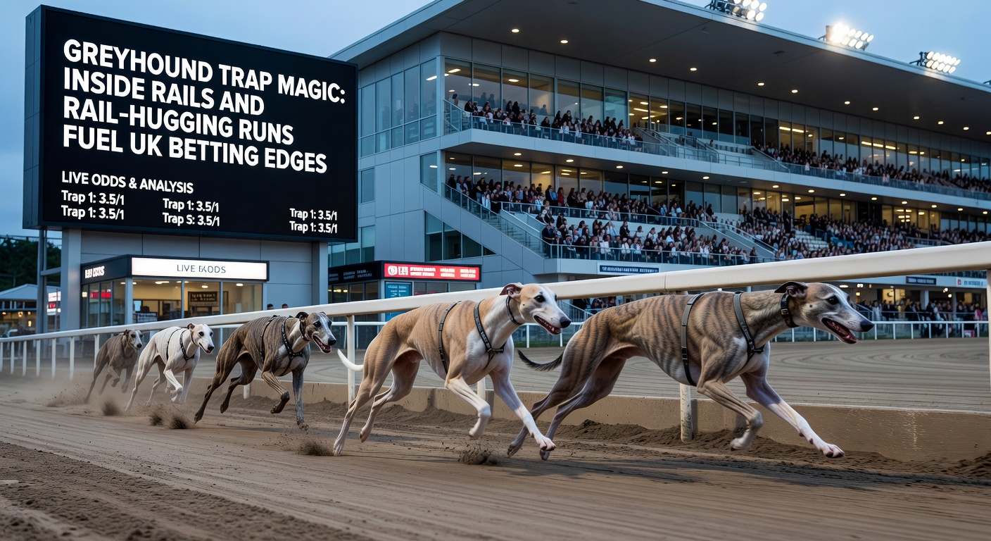 Close-up of a pack negotiating the first bend, with the trap one greyhound glued to the rail while others fan wide, illustrating the betting edge in action