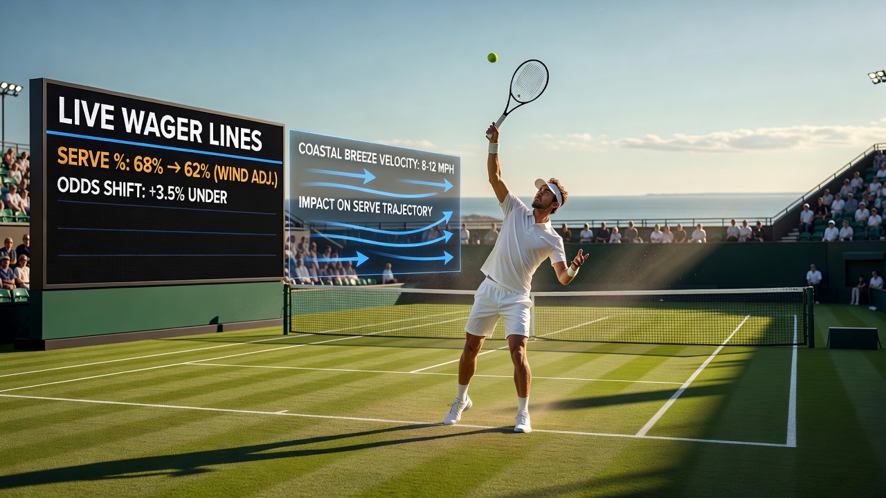 Close-up view of tennis ball in flight over grass court with wind indicators visible in background
