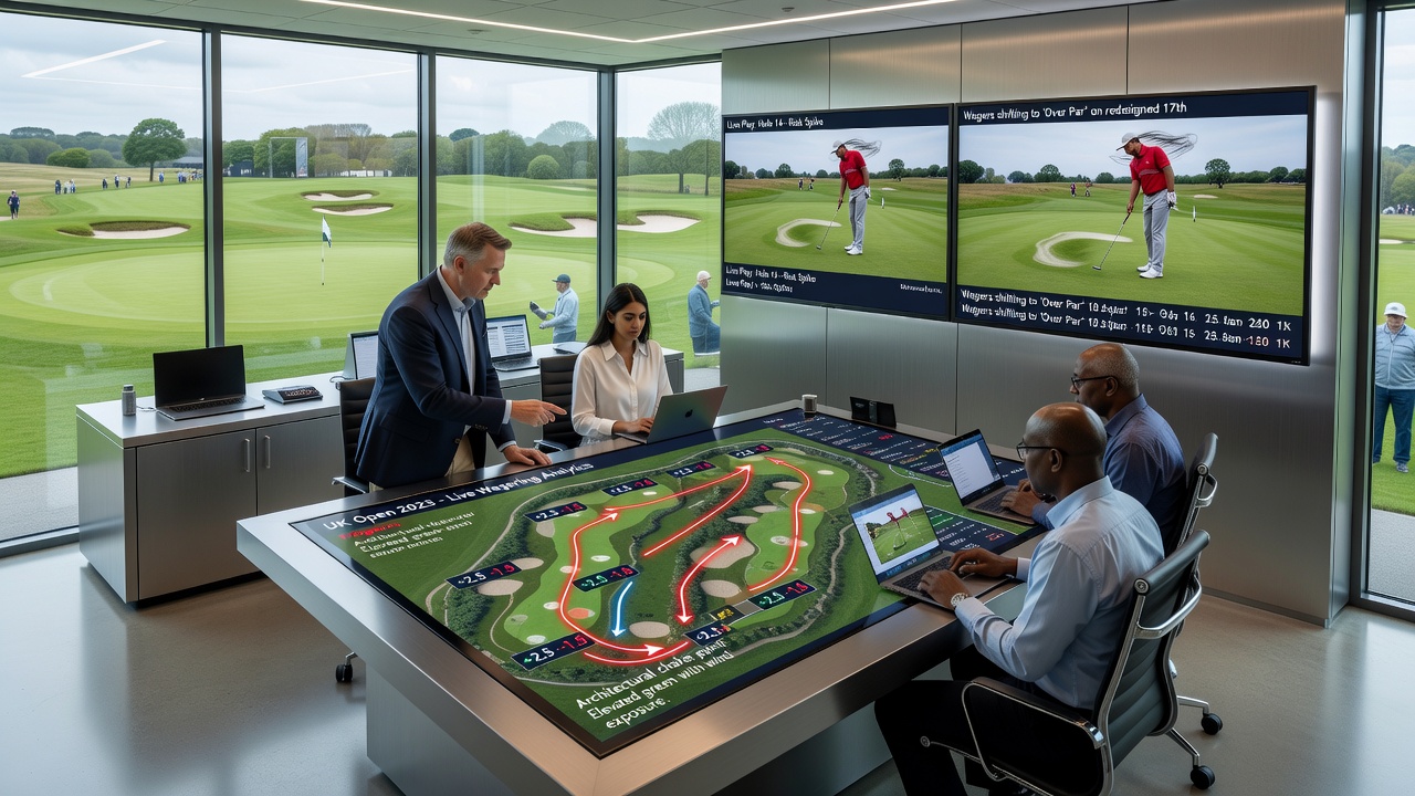 Close-up of strategic bunker placement and green contours on a UK Open host course affecting live golf betting flows