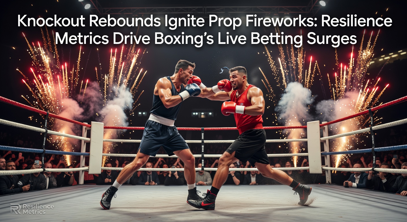 A boxer rising from the canvas after a knockdown, crowd roaring in the background as live odds shift dramatically on screens