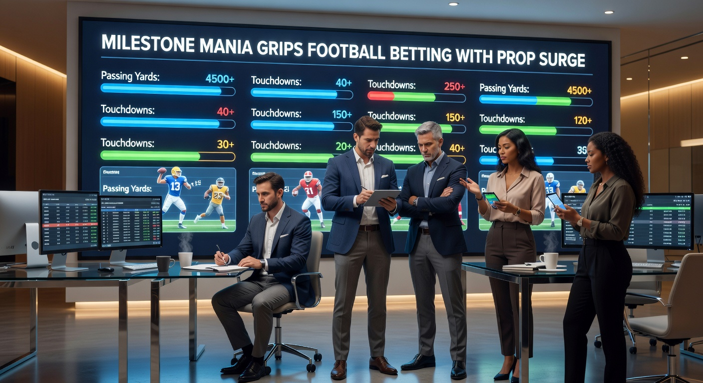 Vibrant stadium scene with fans cheering a player's milestone goal, overlaid with betting odds graphics highlighting prop surges