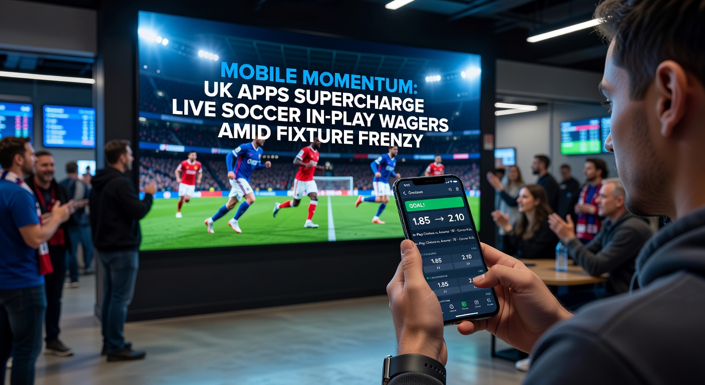 Smartphone displaying live soccer betting odds on a UK app during a Premier League match, with in-play markets updating in real-time
