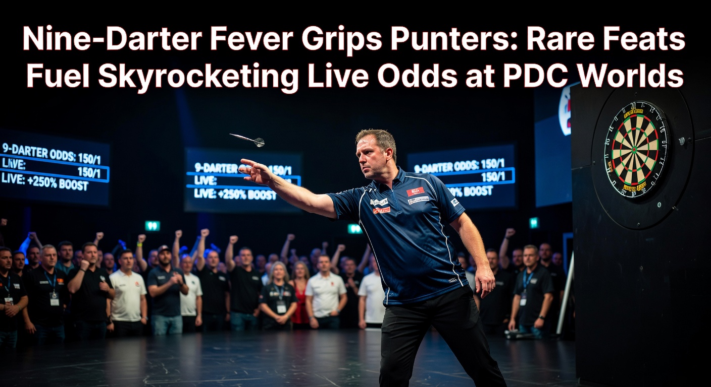 Darts player mid-throw during a tense nine-darter attempt at PDC Worlds, crowd roaring in background
