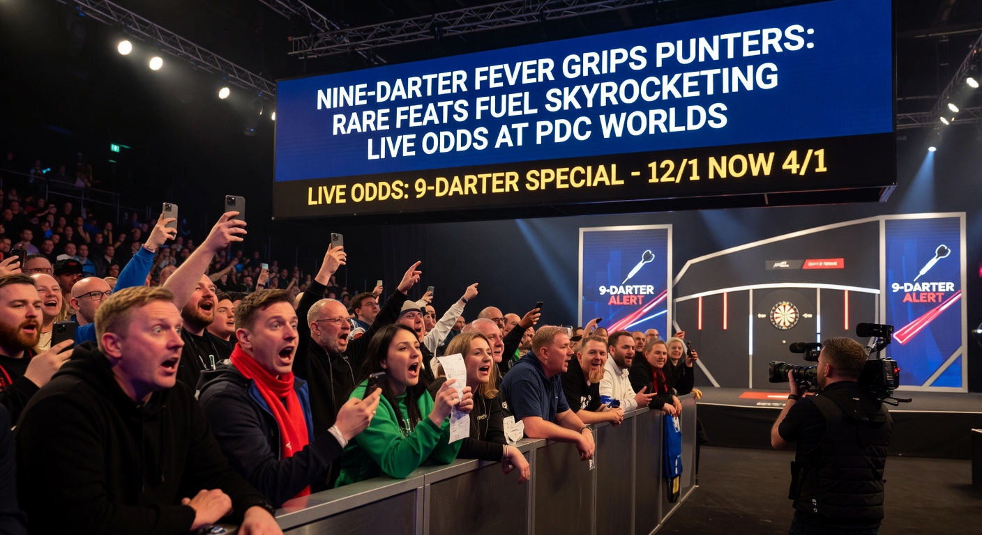 Close-up of scoreboard showing a completed nine-darter, with player celebrating amid flashing lights and cheering fans