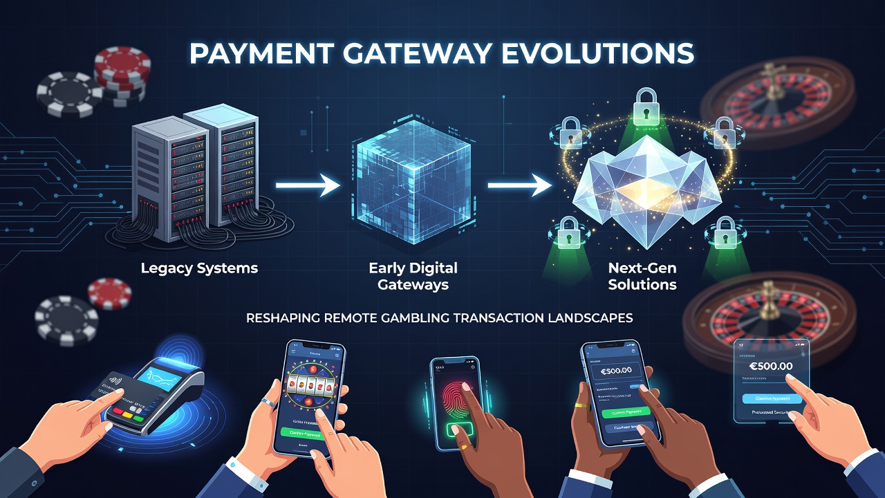 Payment gateway technology interfaces displayed on multiple devices showing real-time transaction flows in remote gambling platforms