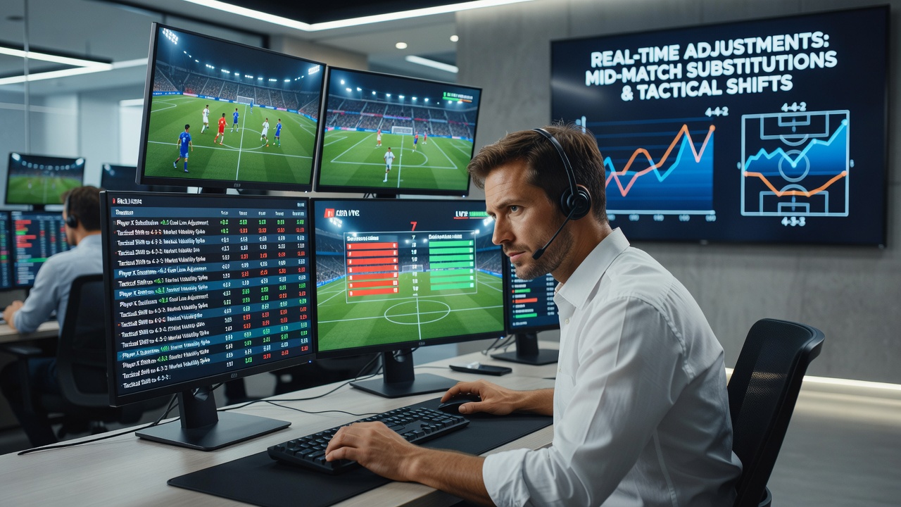 Football manager signaling a tactical change as live odds fluctuate on betting screens