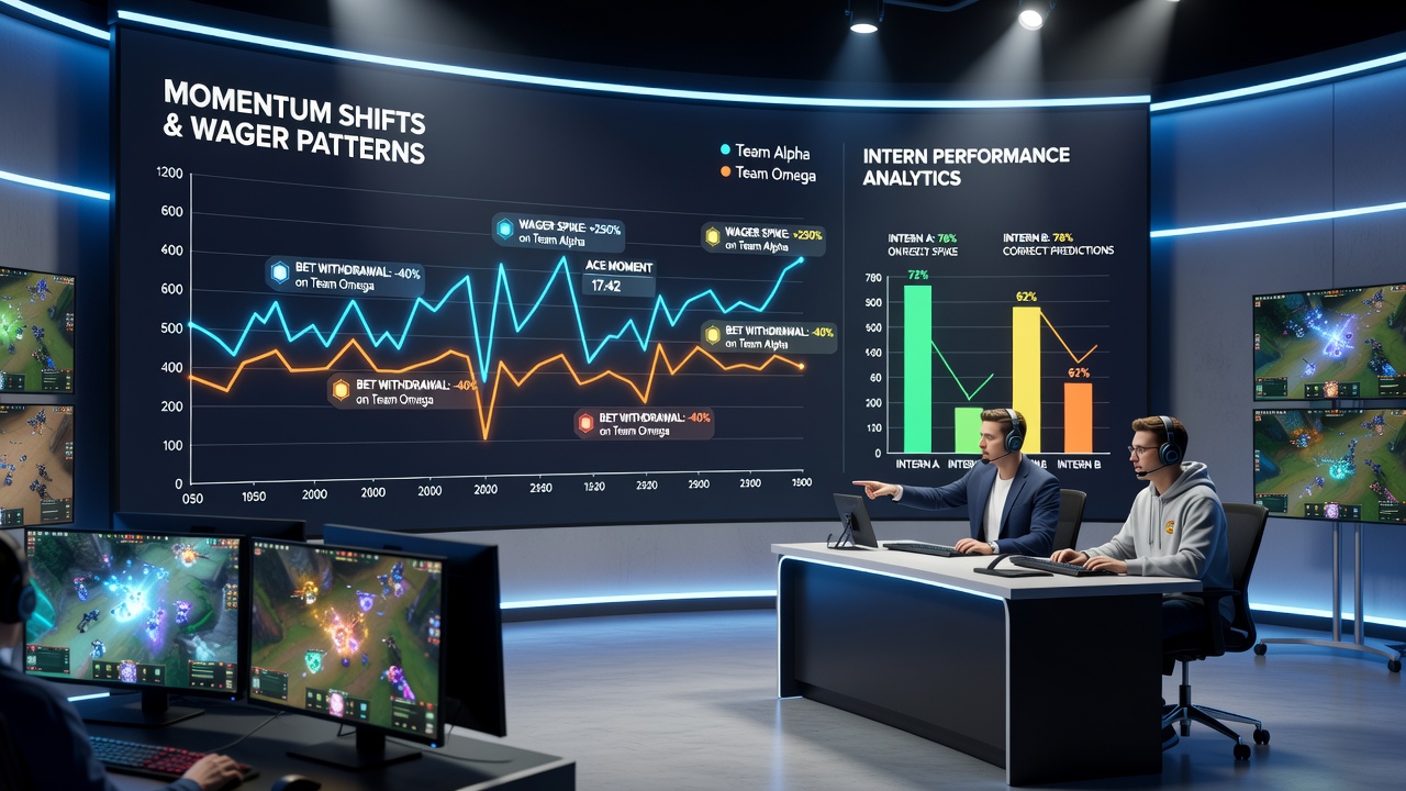 Analytics dashboard displaying live momentum graphs and betting volume during an esports final