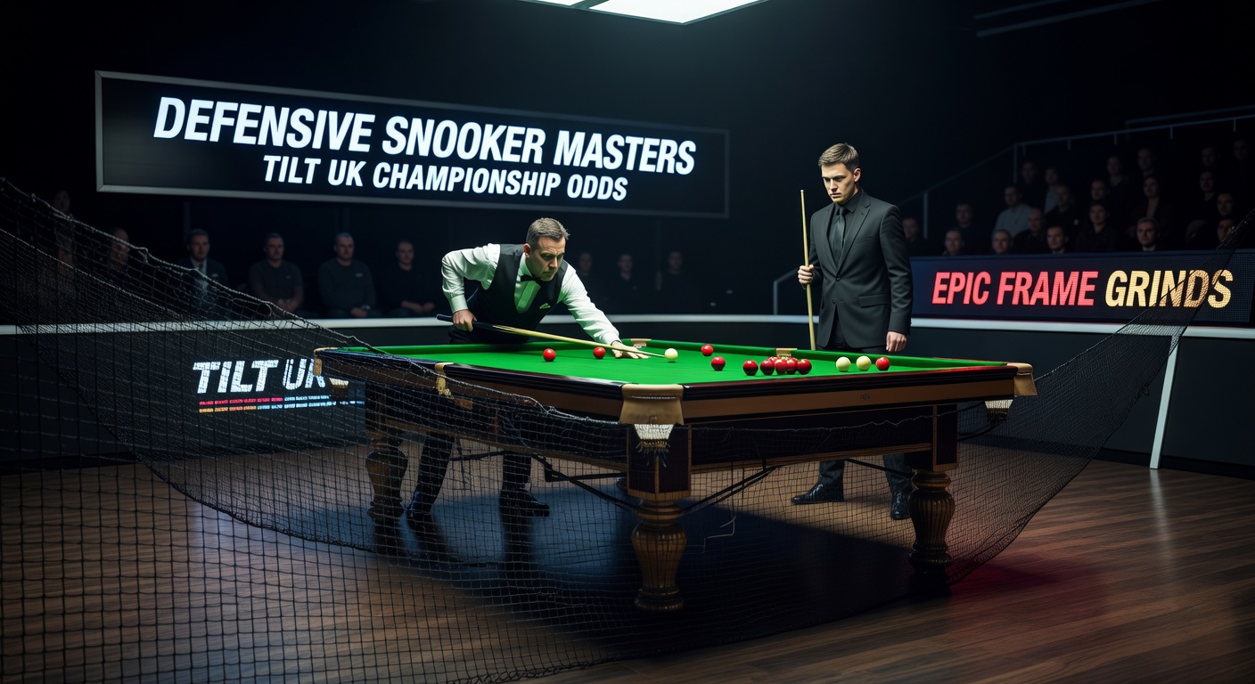 Snooker players locked in a tense safety exchange during a UK Championship frame, cue balls positioned strategically around the table