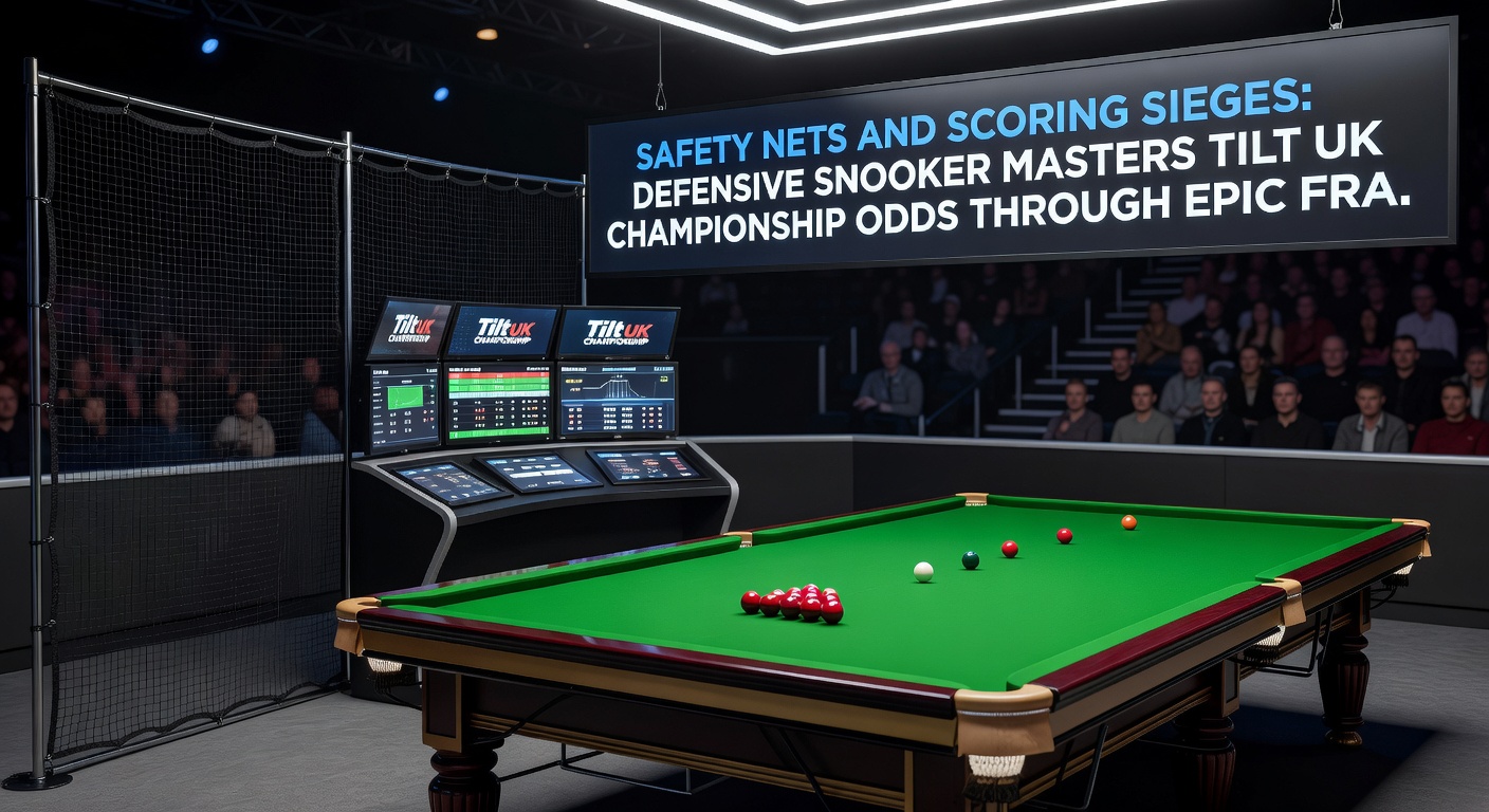 A close-up of a marathon snooker frame at the UK Championship, with players deep in a safety exchange, table cluttered with contested balls