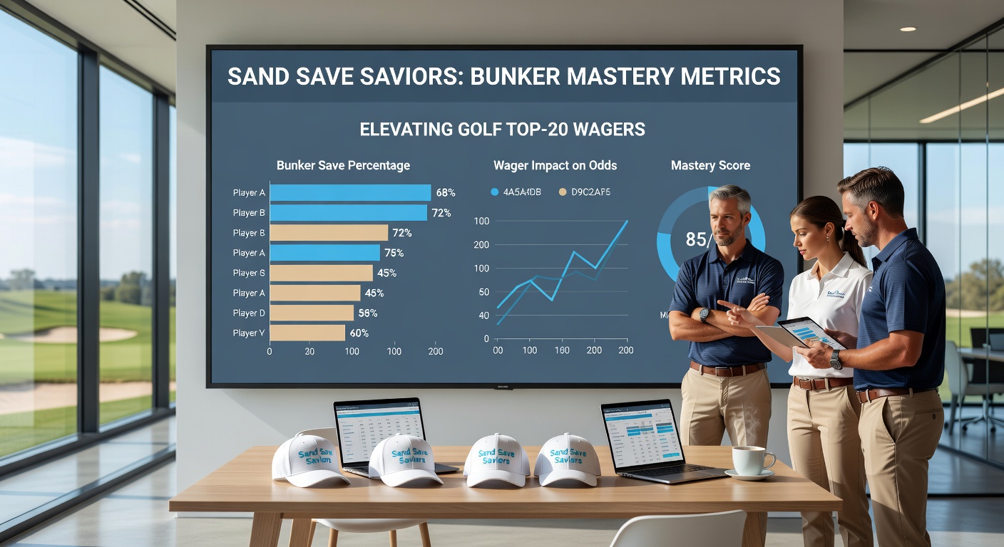 Close-up of a golfer analyzing bunker stats on a tablet during a practice round, with tournament leaderboard in the background emphasizing data-driven betting