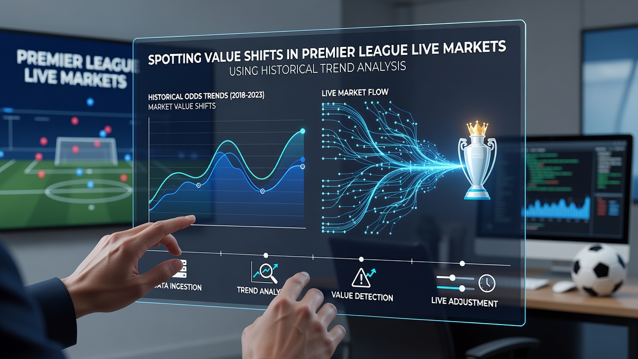 Premier League stadium view with live betting data overlays during a match in 2026