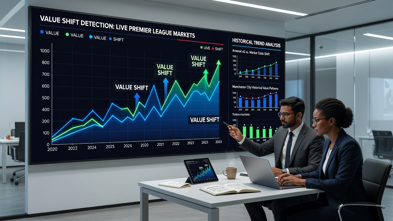 Data analysts reviewing Premier League match statistics on multiple screens for trend identification