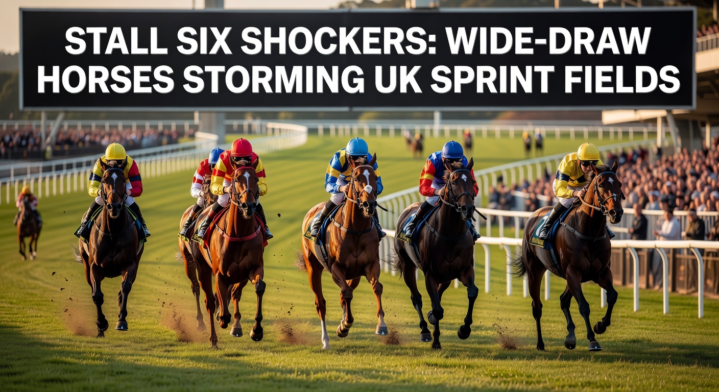 A wide-drawn horse surges ahead in a packed UK sprint field, defying early pace setters on the rail