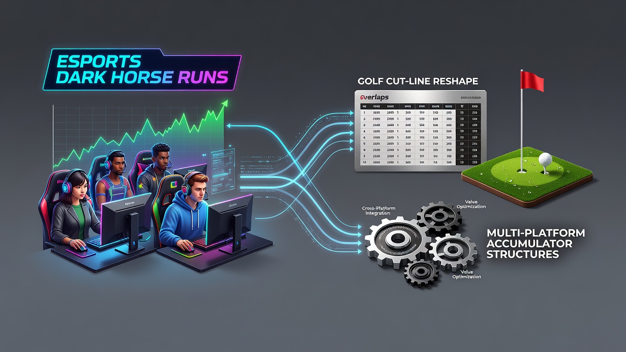Esports players and golf course scene illustrating tactical overlaps in betting structures