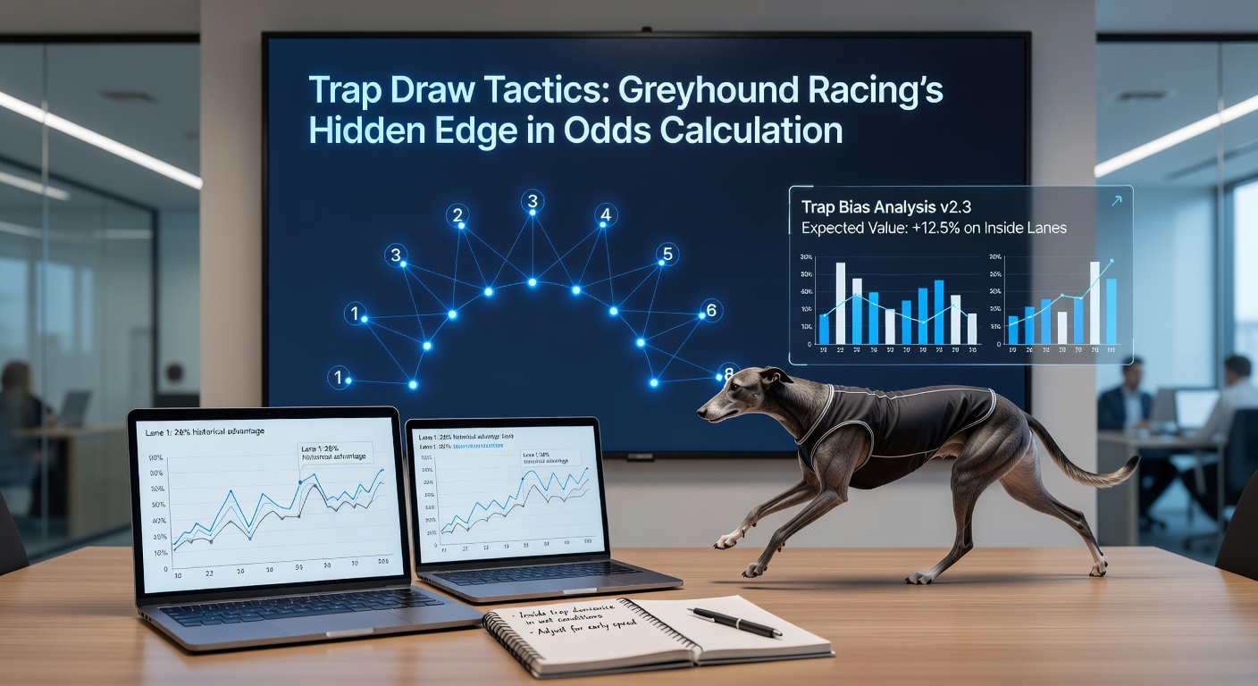 Greyhound racers bursting from traps at a starting bend, highlighting trap position advantages in tight turns