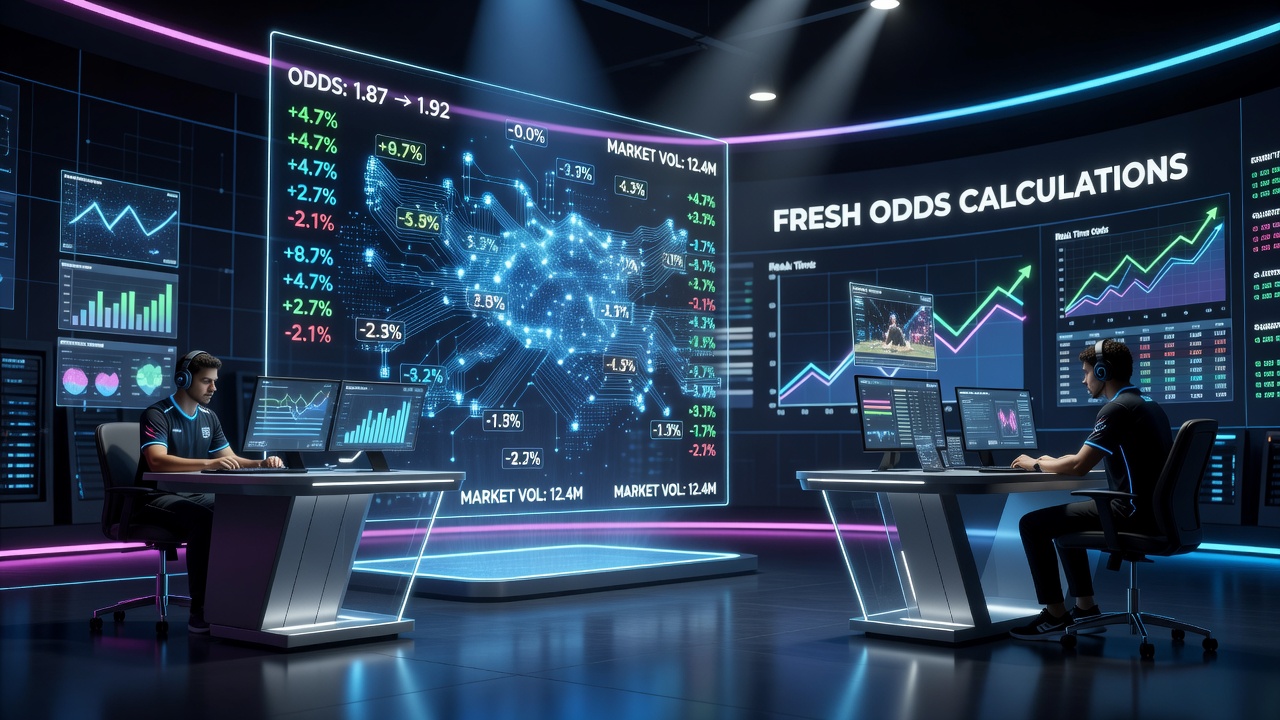 Esports competitors engaged in a virtual arena match displayed on large screens with real-time betting overlays
