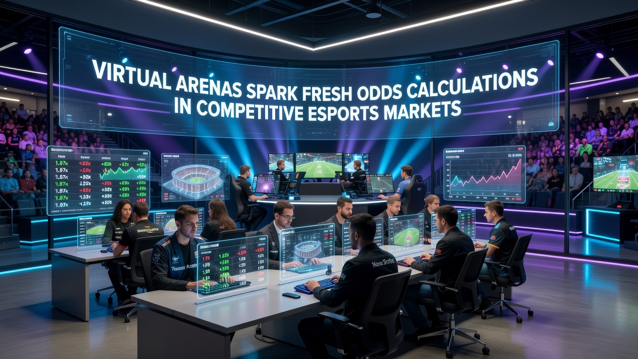 Close-up view of data analysts reviewing virtual arena statistics on multiple monitors in an esports betting hub